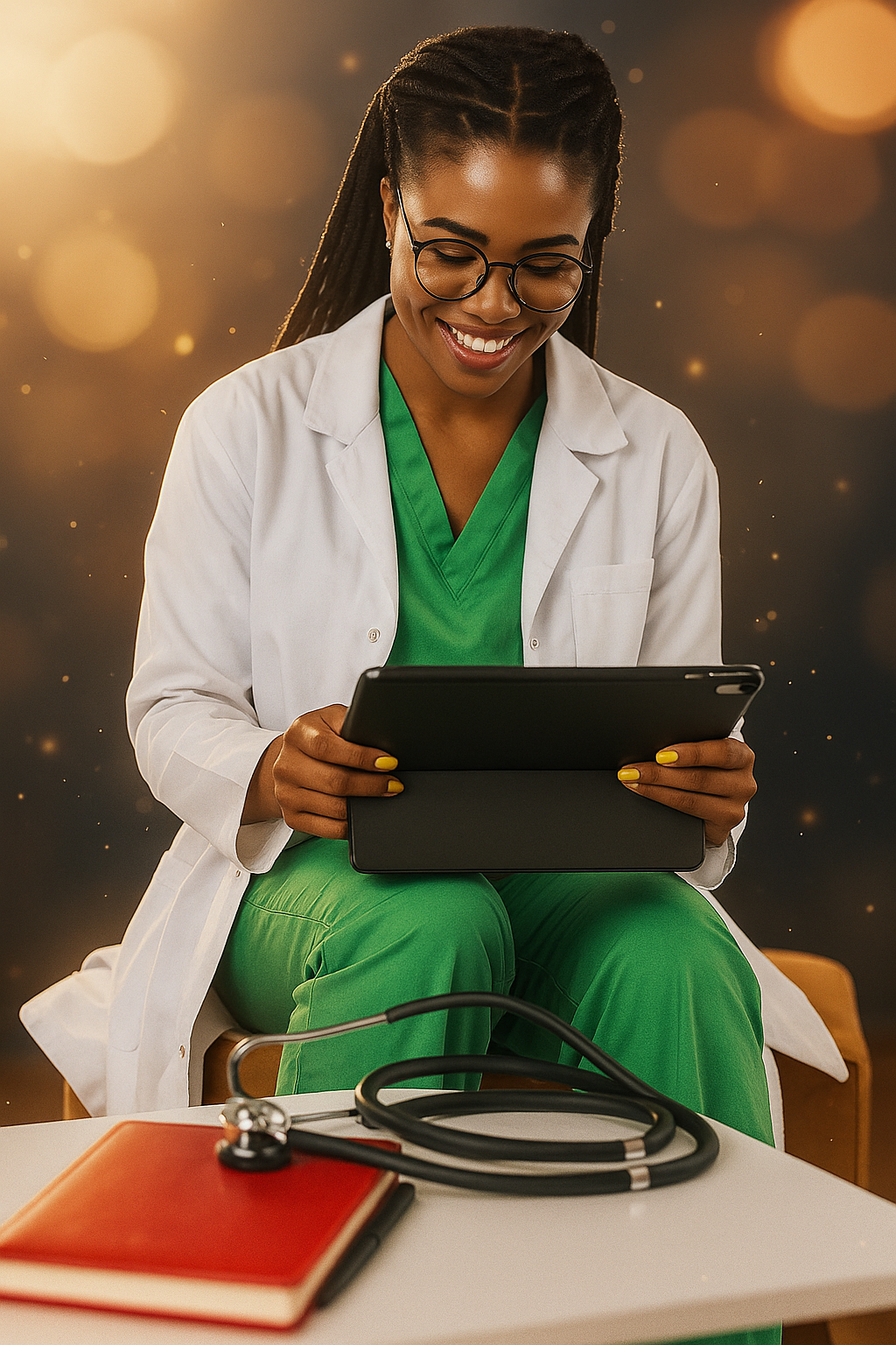 Professionnelle de santé utilisant PharmaTrack sur tablette